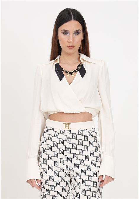 Camicia da donna color burro cropped in georgette di viscosa con catena foulard ELISABETTA FRANCHI | CA04841E2193
